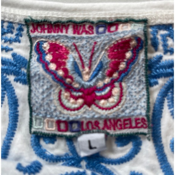 Johnny Was Embroidered Lei Lei Tunic Top Bohemian Resort White Blue Summer sz Lg - Picture 6 of 7